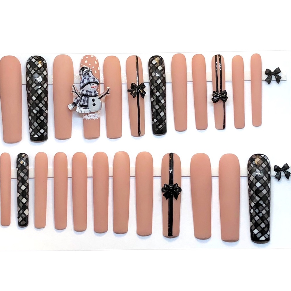 Handmade Press On Nails Custom Matte 3X Long Square Winter Snowman Nails